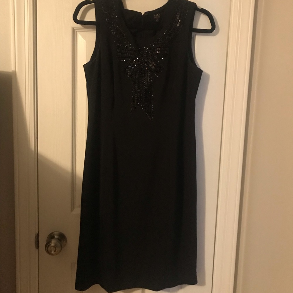 Alex Marie black cocktail dress with sequin bow, size 8P